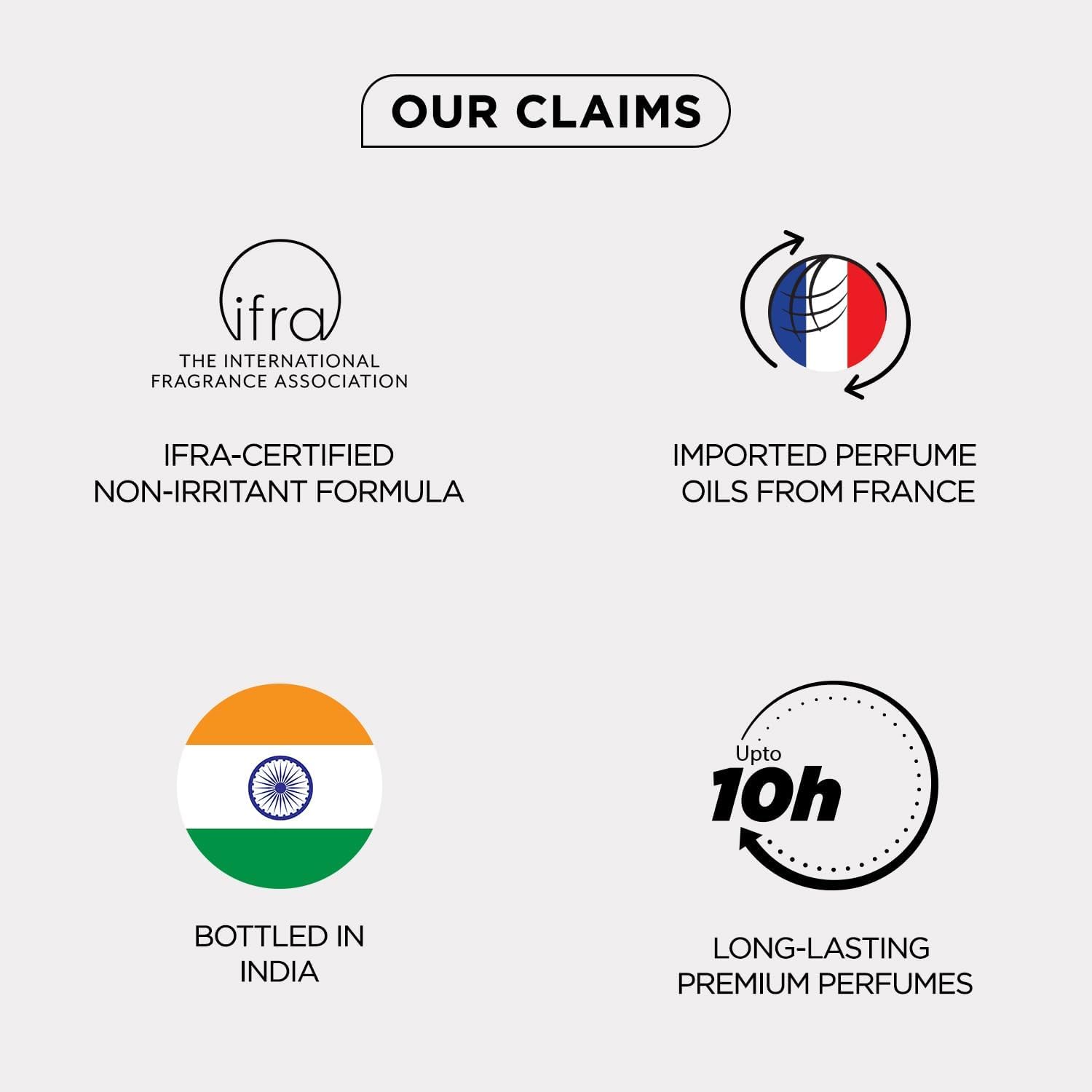 List of product claims with logos and text on a white background