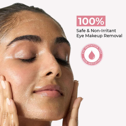 Woman applying eye makeup remover with text indicating safety and non-irritation.
