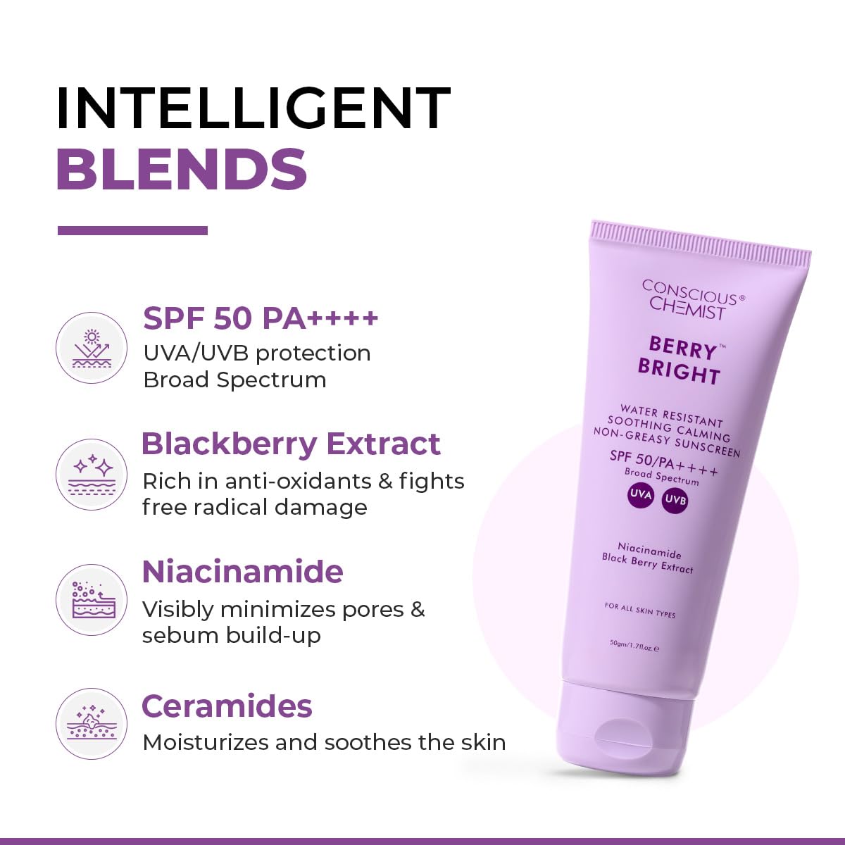Tube of sunscreen with product details on a white background
