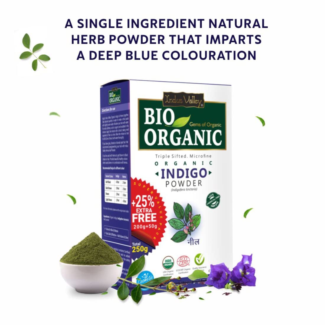 Bio Organic Indigo Powder packaging with powder in a bowl on a white background