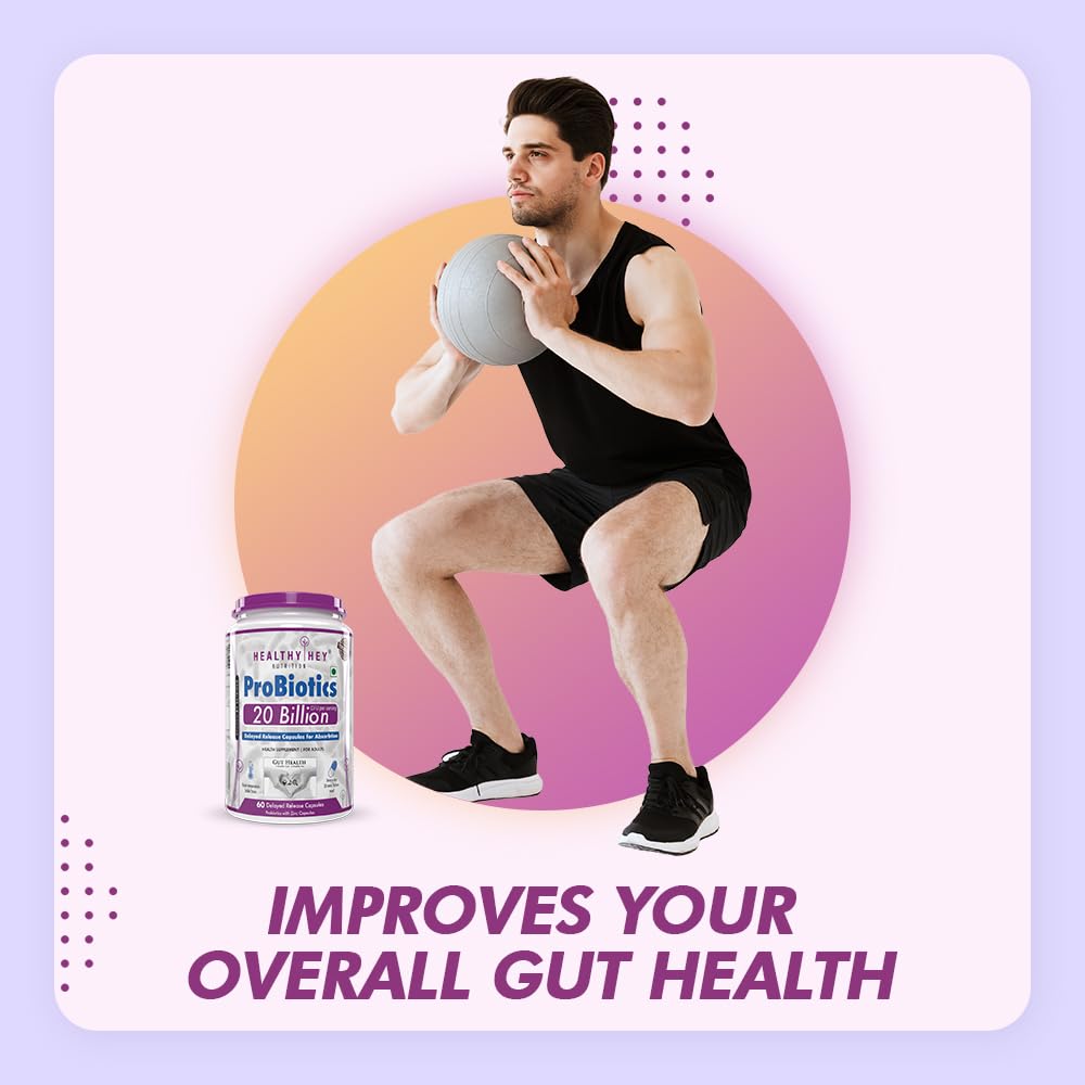 Man exercising with a supplement bottle labeled 'Probiotics' on a gradient background
