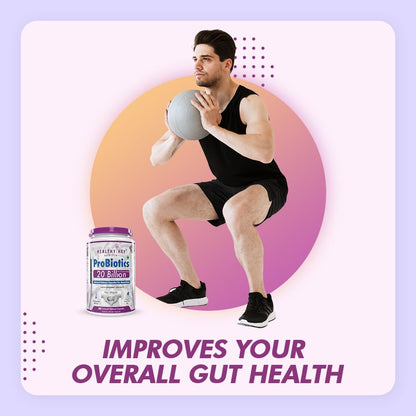 Man exercising with a supplement bottle labeled 'Probiotics' on a gradient background