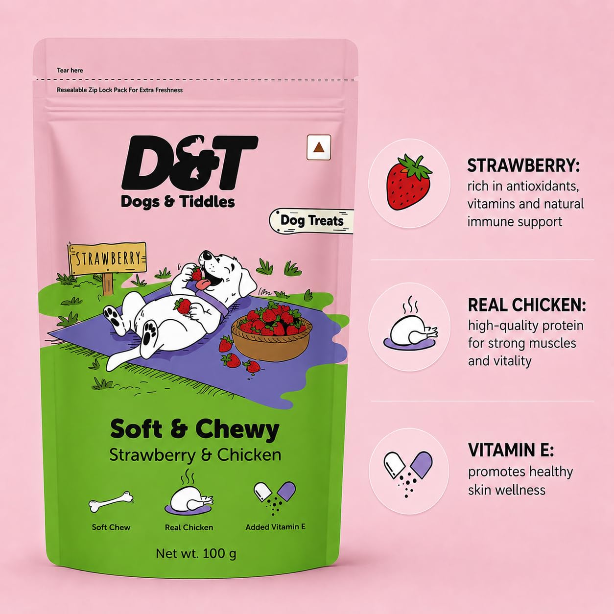 Dogs & Tiddles Strawberry & Real Chicken Dog Treats for Puppies & Adult Dogs, 100g | Soft & Chewy Puppy Treats | with Vitamin E & Antioxidants|Tasty Training Treats and Dog Snacks
