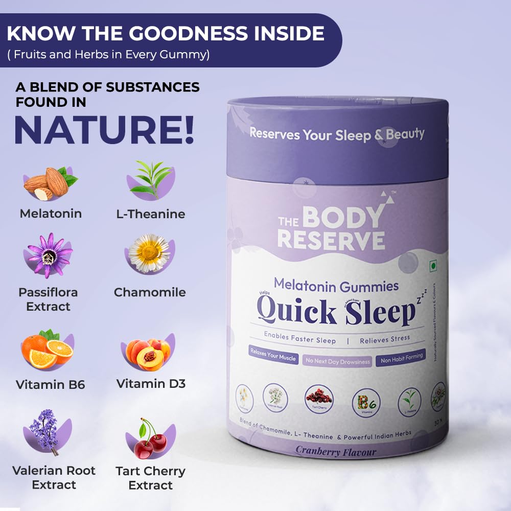 Body Reserve Melatonin Gummies Quick Sleep container with ingredients listed on a light purple background