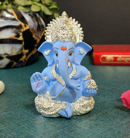 Gold Art India 999 Silver Plated Idol for Ganesh Idol for Car Dashboard God Ganesha Idol for Home Decor Ganpati for Gift 3.5 inches (Silver) (Silver Sky Blue), Idol