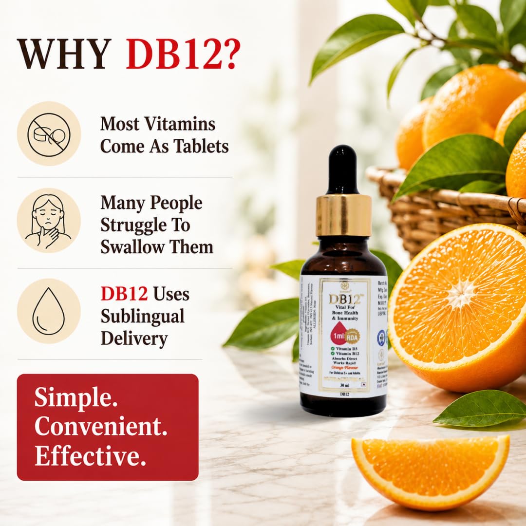 KuerZen DB12 Vitamin D3 + Vitamin B12 Sublingual Liquid Drops | Sugar Free Daily Vitamins | Bone, Energy, Nerve & Immune Support | Vitamin B12 Deficiency Supplement | Orange Flavour | 30ml