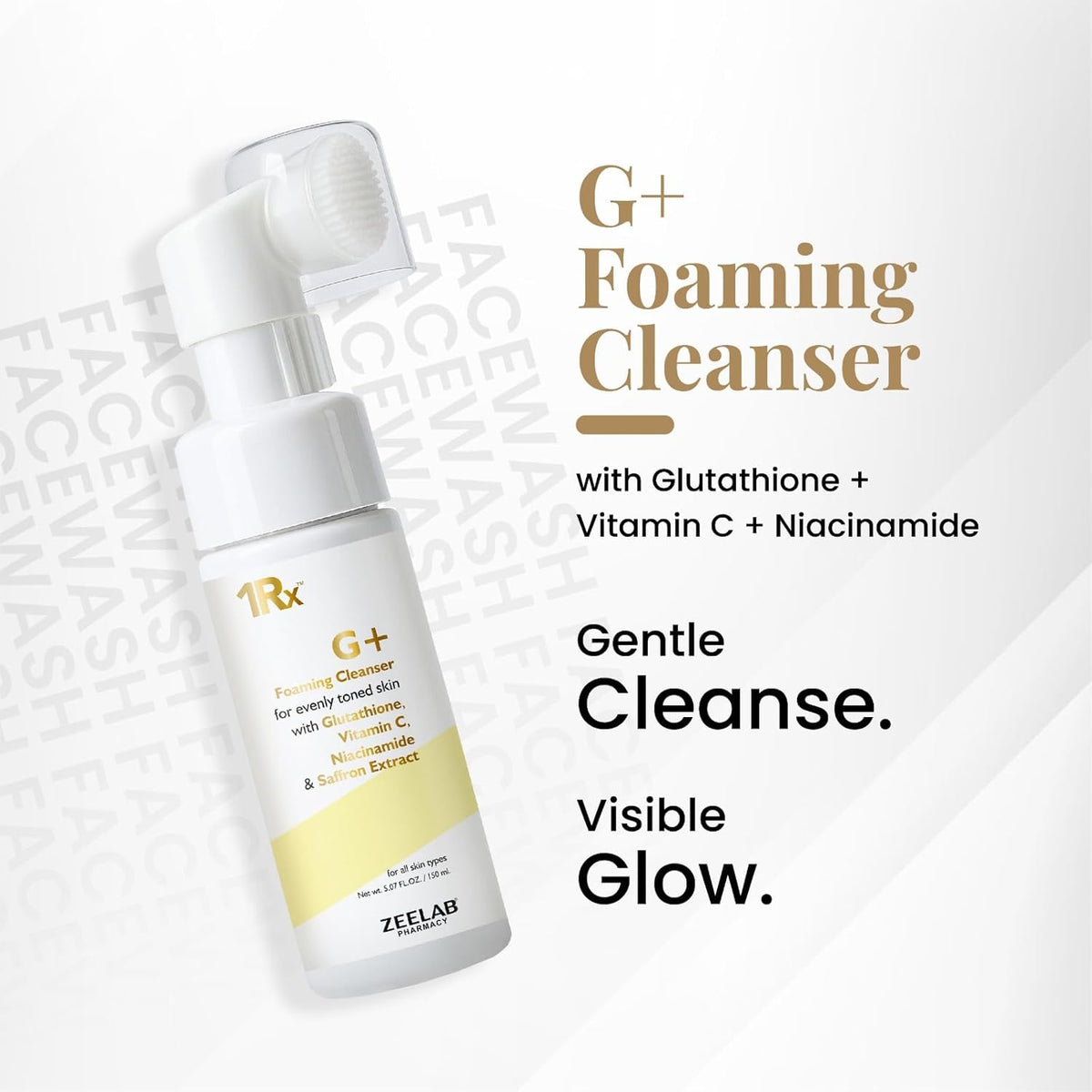G+ Foaming Cleanser bottle with text on a white background