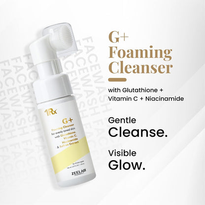G+ Foaming Cleanser bottle with text on a white background