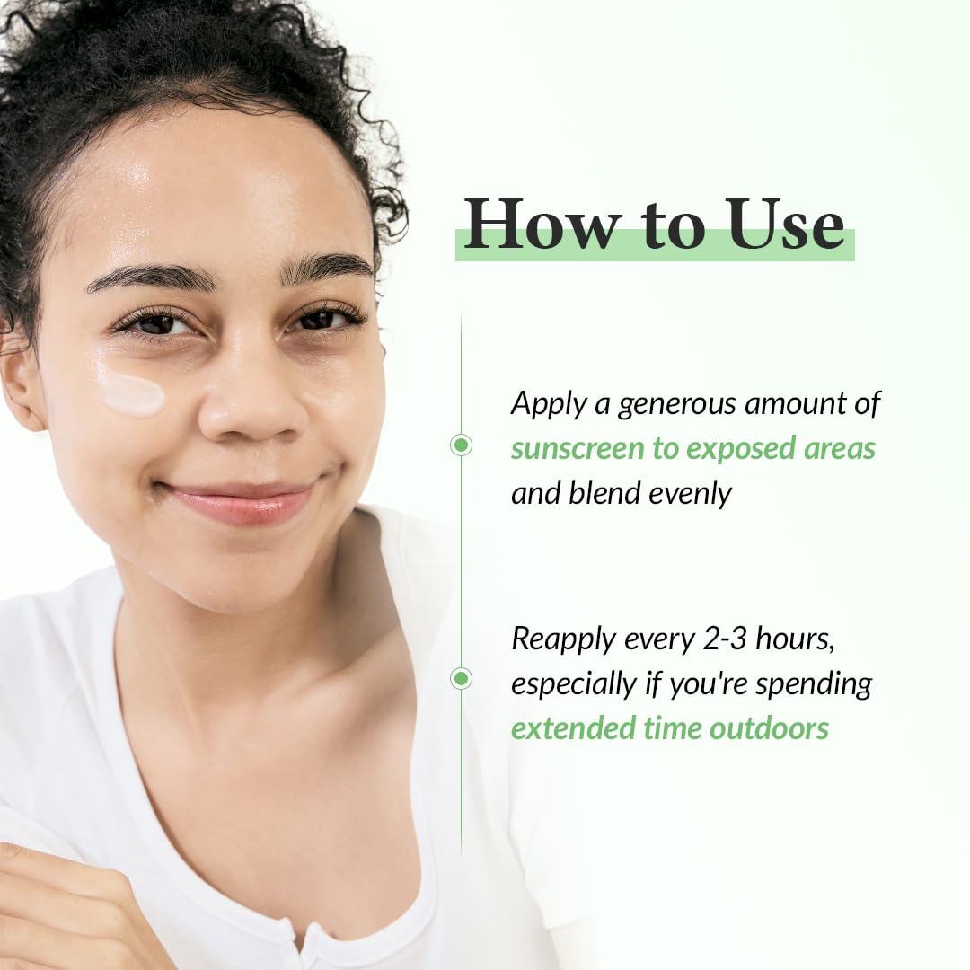 Woman with sunscreen on her face and instructions on how to use it.