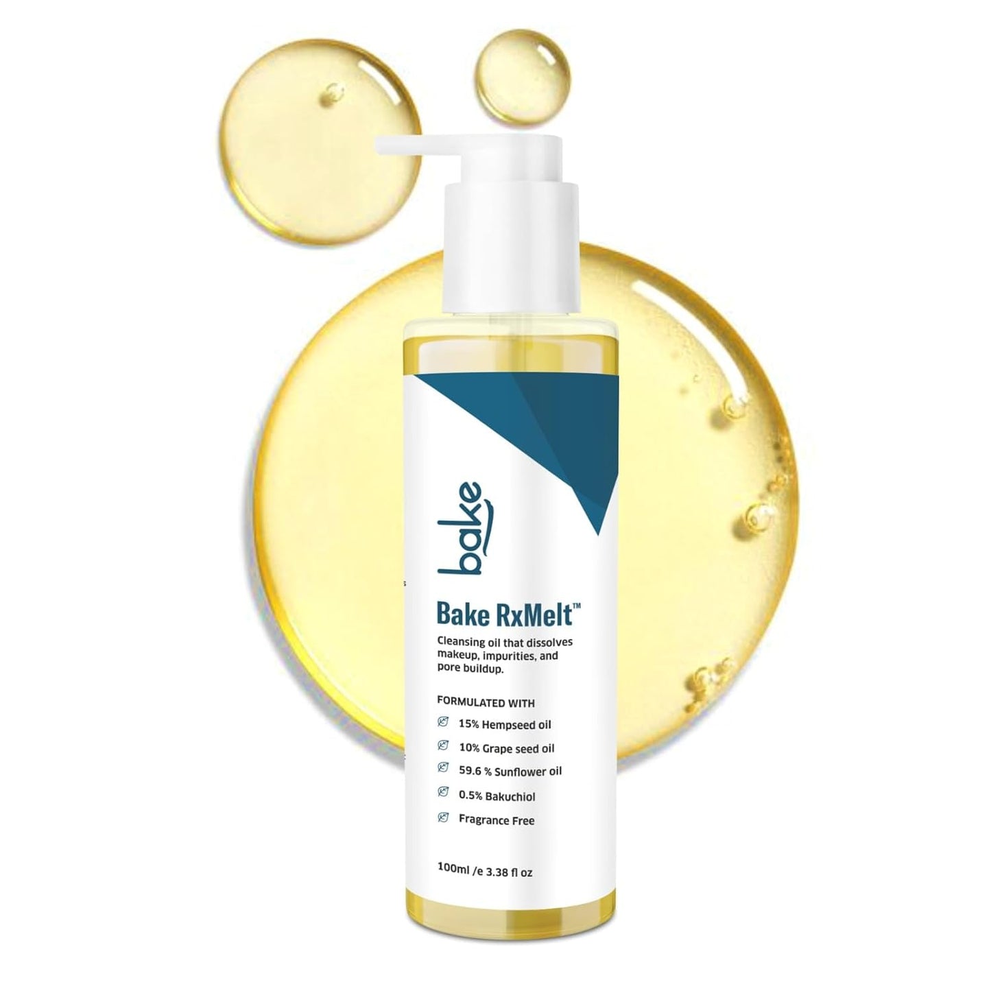 BAKE RxMelt™ Cleansing Oil for Removing Waterproof Makeup & SPF | With 15% Hempseed, 10% Grape Seed Oil, 0.5% Bakuchiol | Removes Impurities & Pore Buildup | Fragrance-Free | For Men & Women – 100ml