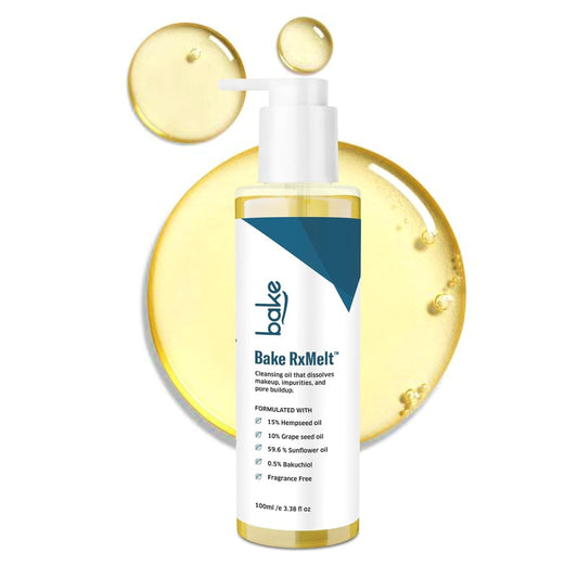 BAKE RxMelt™ Cleansing Oil for Removing Waterproof Makeup & SPF | With 15% Hempseed, 10% Grape Seed Oil, 0.5% Bakuchiol | Removes Impurities & Pore Buildup | Fragrance-Free | For Men & Women – 100ml