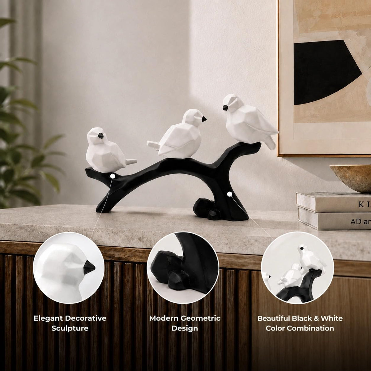 Charming Birds Sculpture Showpiece for Home & Office Décor | Modern Nature-Inspired Figurine for Living Room, Study Table, Shelf & Console Styling - Black and White