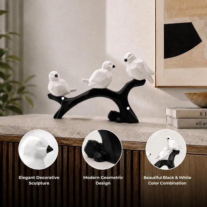 Charming Birds Sculpture Showpiece for Home & Office Décor | Modern Nature-Inspired Figurine for Living Room, Study Table, Shelf & Console Styling - Black and White