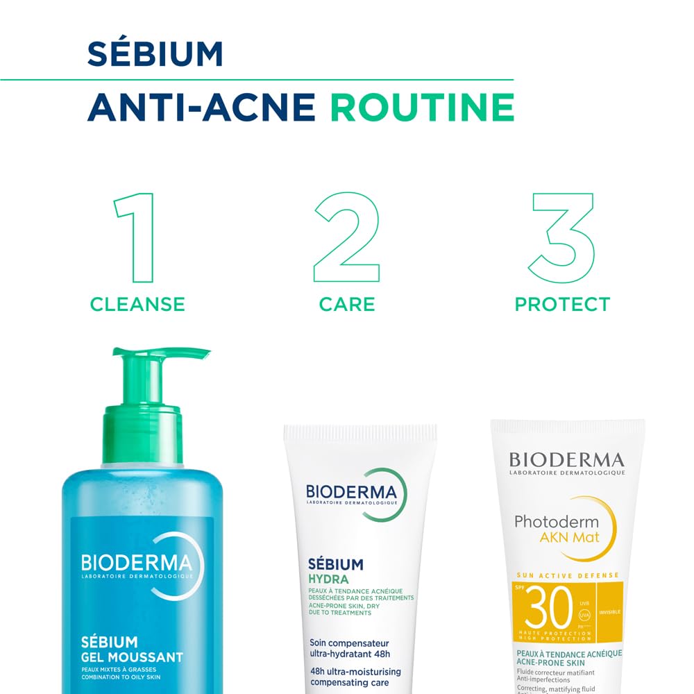 Bioderma Sébium anti-acne routine with three products on a white background