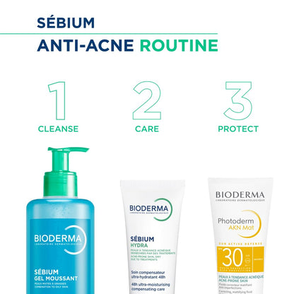 Bioderma Sébium anti-acne routine with three products on a white background