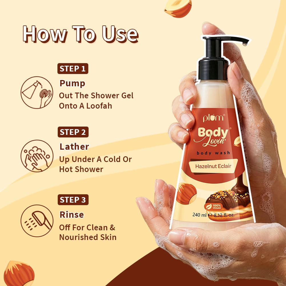 Plum Bodylovin' Hazelnut Eclair Body Wash | SLS-Free Creamy Body Wash | Hydrating Formula | Hazelnut & Vanilla Notes | Aloe-Infused Nourishing Body Cleanser For Soft & Smooth Skin | Decadent Hazelnut Chocolate Fragrance | 240ml