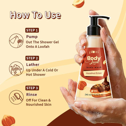Plum Bodylovin' Hazelnut Eclair Body Wash | SLS-Free Creamy Body Wash | Hydrating Formula | Hazelnut & Vanilla Notes | Aloe-Infused Nourishing Body Cleanser For Soft & Smooth Skin | Decadent Hazelnut Chocolate Fragrance | 240ml