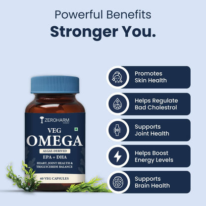 ZEROHARM Veg Omega (EPA 15% + DHA 25%) Capsules 500mg | Veg Omega Supplement for Men and Women | Supports Eyes, Skin, Muscles, Bones and Joints | Sourced from Algae | 60 Capsules