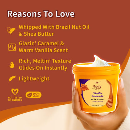 Plum BodyLovin' Vanilla Caramello Body Butter | Shea Butter & Brazil Nut Oil for Deep Moisturization | Non-Greasy & Lightweight | Buttery Soft, Smooth & Moisturised Skin | For Dry To Very Dry Skin | Vanilla & Salted Caramel | 180gm