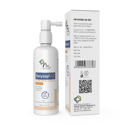Fixderma Salyzap-Az 2% Salicylic Acid + 2% Azelaic Acid Body Acne Treatment Unscented Spray For Acne On Body Parts Like Back, Upper Arms | Paraben Free | Unclog Pores - 100ml