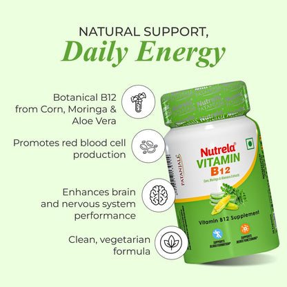 Nutrela Vitamin B12 Biofermented Plant Based Supplement for Men & Women with Moringa and Aloevera Extract - 30 Veg Capsules