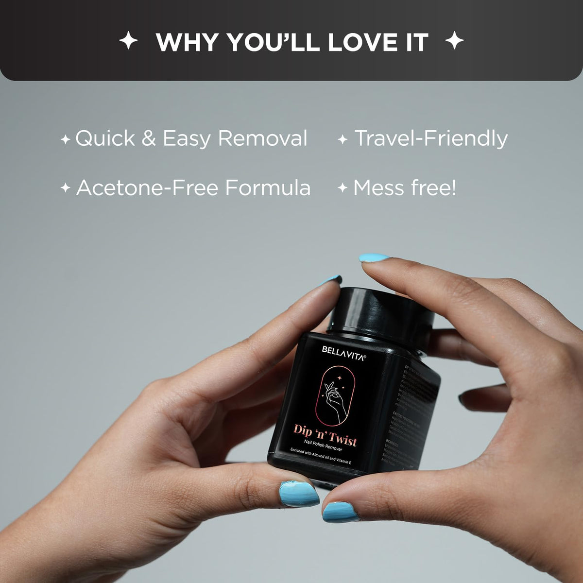 Hands holding a black container labeled 'Dip 'n Twist' with text highlighting features on a gray background