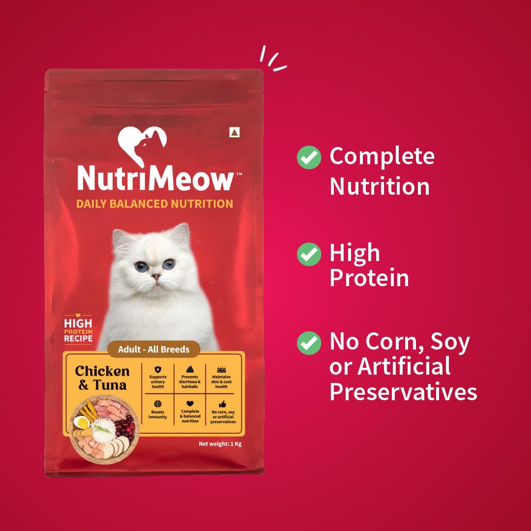 NutriMeow Daily Balanced Nutrition Chicken & Tuna Adult Cat Dry Food – 400 gm, Complete Meal for All Breeds, Protein Rich Formula Supporting Immunity & Digestion