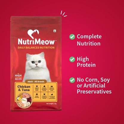 NutriMeow Daily Balanced Nutrition Chicken & Tuna Adult Cat Dry Food – 400 gm, Complete Meal for All Breeds, Protein Rich Formula Supporting Immunity & Digestion