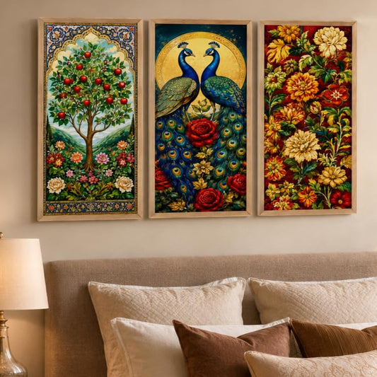 Set of 3 Vintage Botanical Wall Paintings with Sparkle Laminate, Premium Wooden Synthetic Frame, Apple Tree Peacock Floral Art for Living Room Bedroom Home Decor