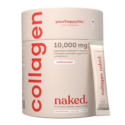 Collagen powder container with 'yourhappylife' branding on a white background