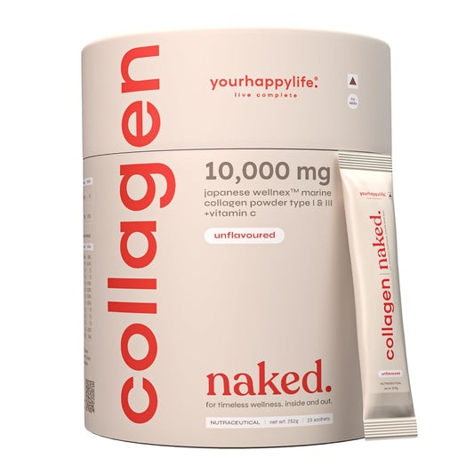Collagen powder container with 'yourhappylife' branding on a white background