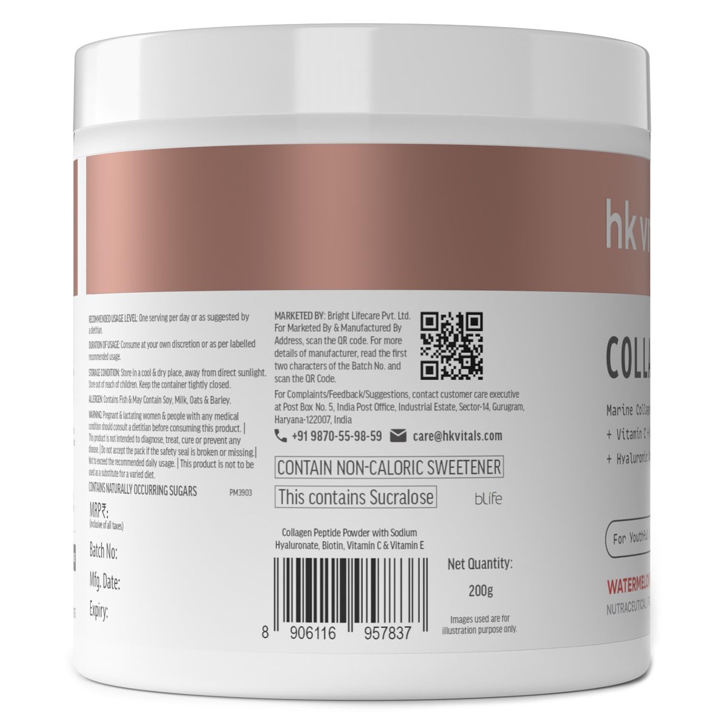 HealthKart hk vitals Skin Radiance Marine Collagen Supplement (Watermelon, 200g) |Vitamin C, E, Sodium Hyaluronate | For Healthy Skin, Hair & Nails
