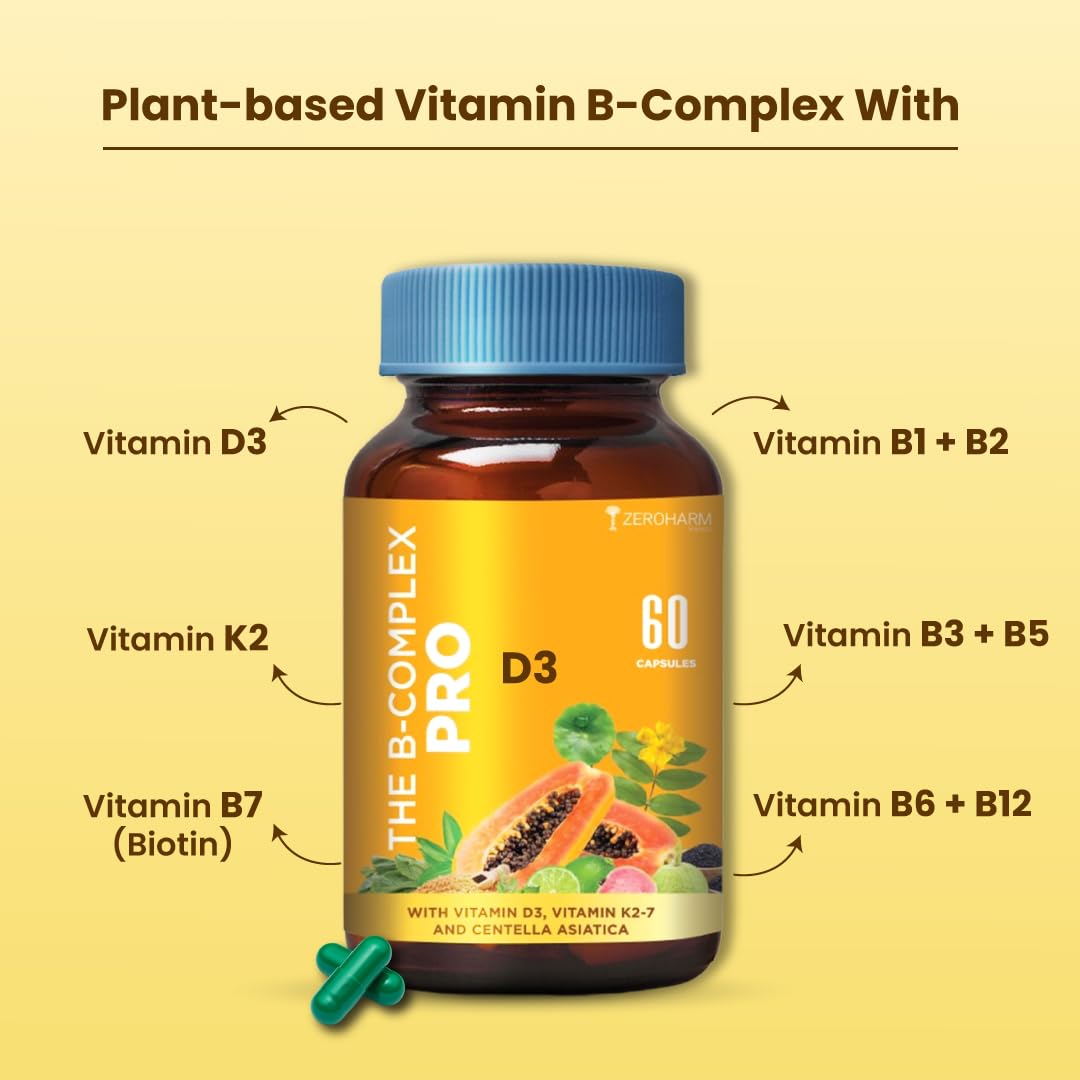 Zeroharm B-Complex Pro with Vitamin D3 & K2-7 | Vitamin B-Complex With B1, B2, B3, B5, B6, B9 & Vit B12 | Plant-Based Supplement | Supports Energy & Immunity For Men and Women | 60 Veg Capsules