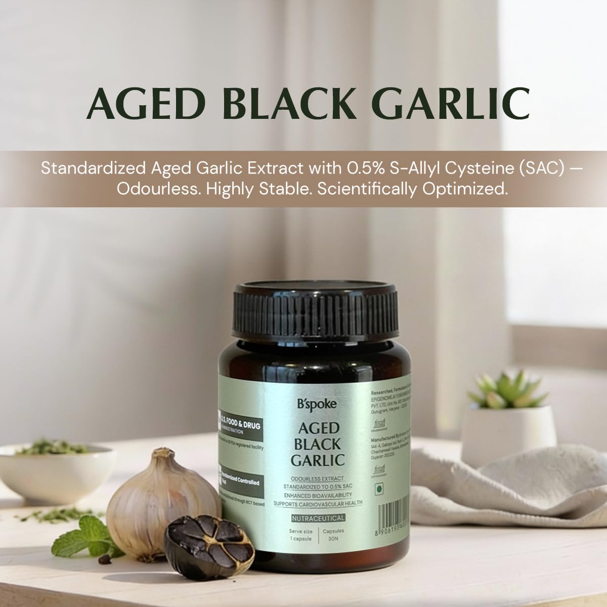 B'spoke Aged Black Garlic | Odourless Extract Standardized to 0.5% S-Allyl Cysteine (SAC) | Garlic Bulb Derived | Enhanced Bioavailability for Antioxidant & Cardiovascular Support | Gentle on Stomach