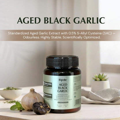 B'spoke Aged Black Garlic | Odourless Extract Standardized to 0.5% S-Allyl Cysteine (SAC) | Garlic Bulb Derived | Enhanced Bioavailability for Antioxidant & Cardiovascular Support | Gentle on Stomach