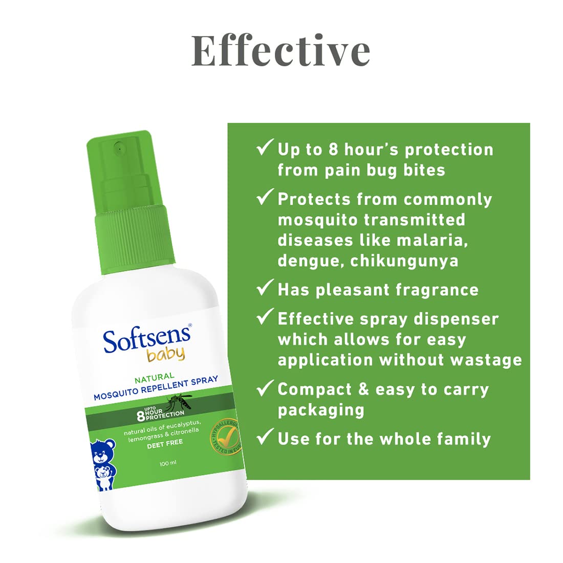 Softsens Baby Mosquito Repellent Spray 100ml – Natural Plant-Based Formula for up to 8-Hour Shield | DEET-Free & Non-Toxic Insect Repellent for Babies & Kids | Gentle on Sensitive Skin | Easy Spray Application & Travel-Friendly