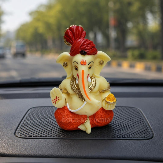 Gold Art India Ivory Ganesha Idol with Red Pagdi for Home & Office Decor | Car Dashboard Idol Ganesha Murti Ganpati Idol for Home Decor Puja Lord Ganesh Statue Gift for Office Desk Puja Room Figurine