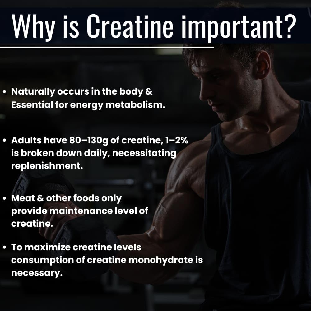 Man lifting weights with text about creatine importance on a dark background