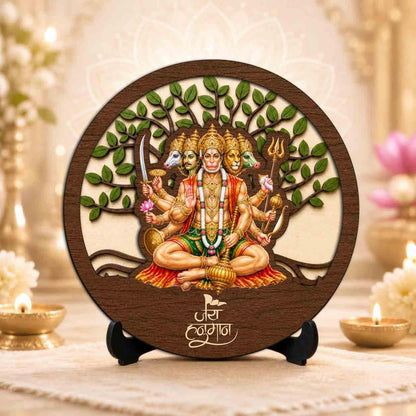 Plan To Gift Panchmukhi Hanuman Ji Round Wooden Devotional Idol with Stand for Puja Room, Home Decor & Religious Gift - 5x5 Inch