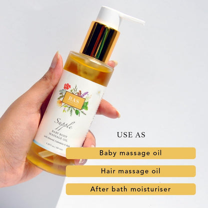 Ras Luxury Oils Supple Baby Body Massage Oil with Calendula & Almond Extract for Soft, Smooth & Strengthen Skin | Non-Sticky, Light weight & Gentle On Baby’s Skin, 100ml
