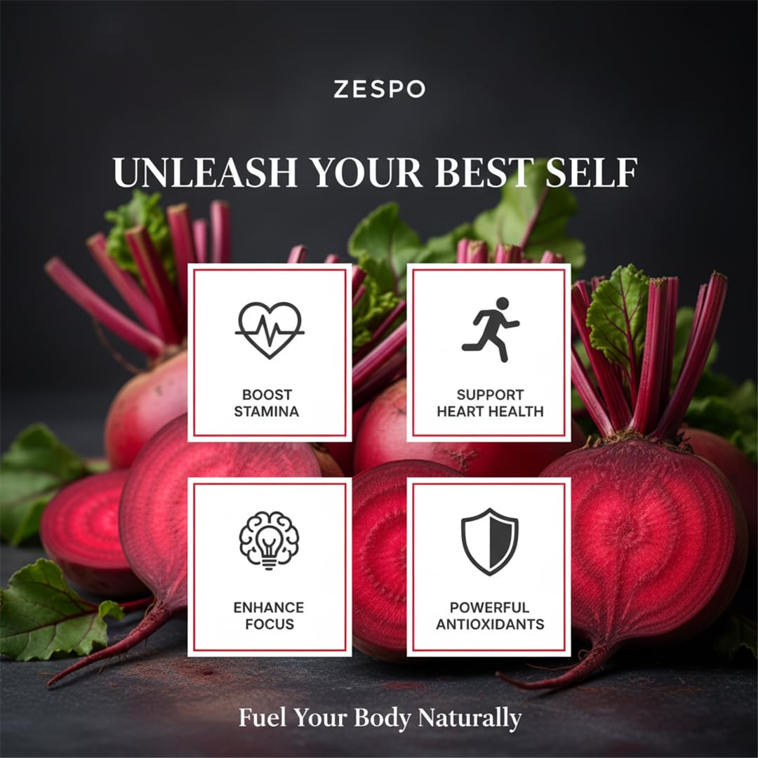 Beets with health benefits icons and ZESPO branding on a dark background