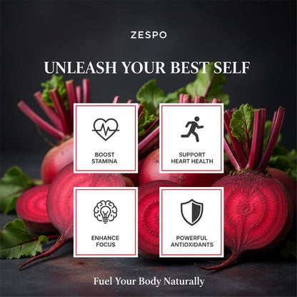 Beets with health benefits icons and ZESPO branding on a dark background