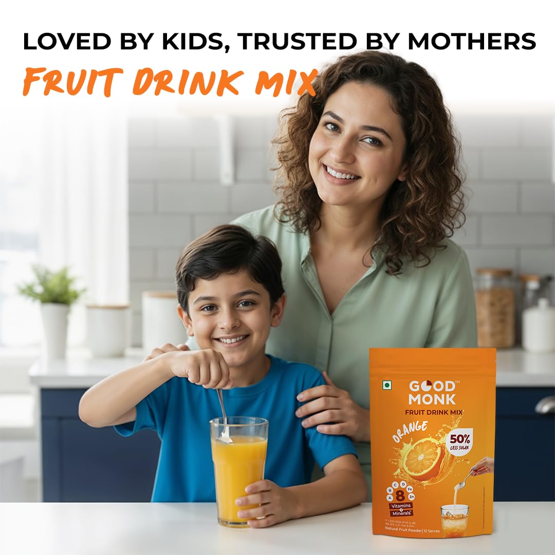 Good Monk Fruit Drink Mix (Natural Orange Powder), 50% Less Sugar with 8 Vitamins & Minerals (Vitamin B12, C, D, Iron & more) | Tasty, Healthy & Tangy Drink Mix for Hydration, Energy, Immunity, 10 Serves