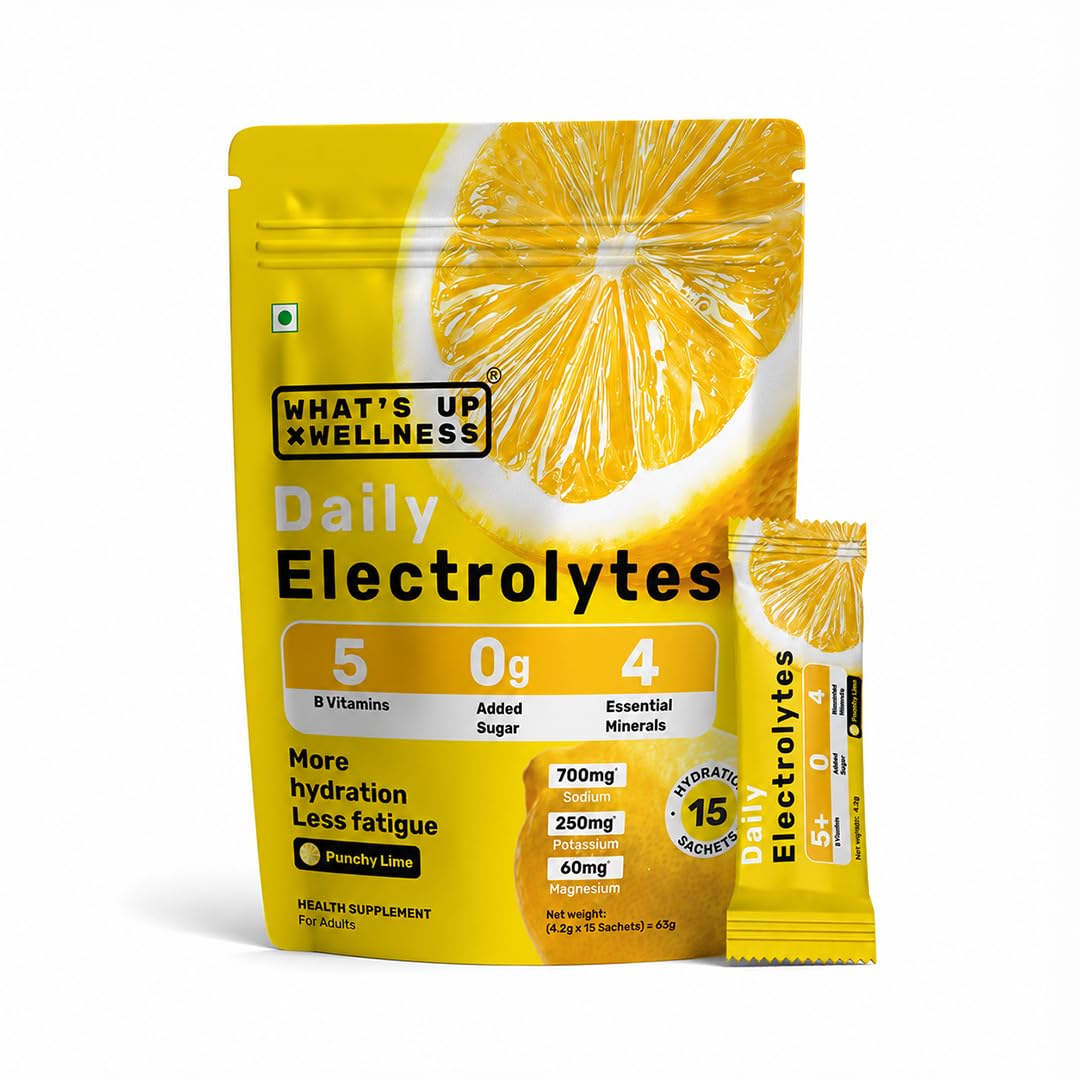 What's Up Wellness Daily Electrolytes Powder - Punchy Lime Flavour | Zero Added Sugar | Instant Hydration - Sodium, Potassium, Magnesium & Zinc | Vegan | 15 Sachets