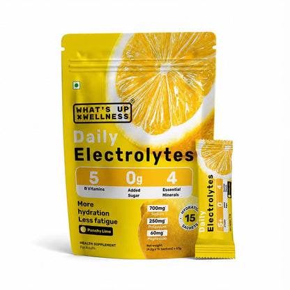 What's Up Wellness Daily Electrolytes Powder - Punchy Lime Flavour | Zero Added Sugar | Instant Hydration - Sodium, Potassium, Magnesium & Zinc | Vegan | 15 Sachets