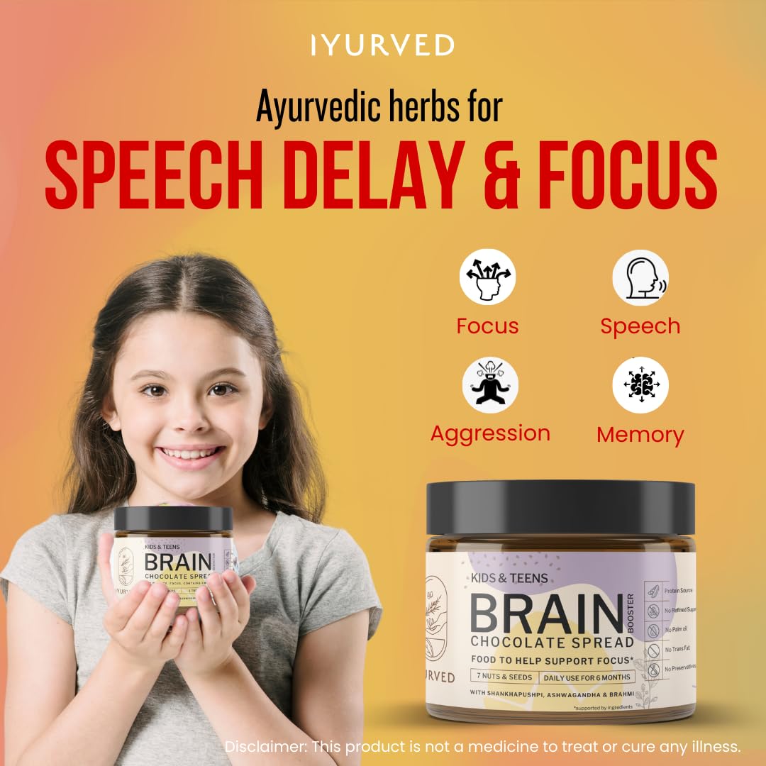 Good for Speech delay, Eye Contact, Concentration, Memory, Focus : Iyurved Kids and Teens Brain Booster Chocolate Spread | Shankhapushpi | Ashwagandha | Brahmi | (340gm)