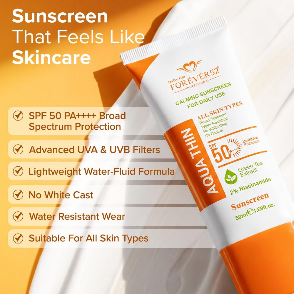 Daily Life Forever52 Aqua Thin Calming Sunscreen SPF 50 PA++++ | 2% Niacinamide & Green Tea Extract | UVA/UVB Protection | Lightweight, No White Cast, Water-Resistant Daily Sunscreen (50ml)