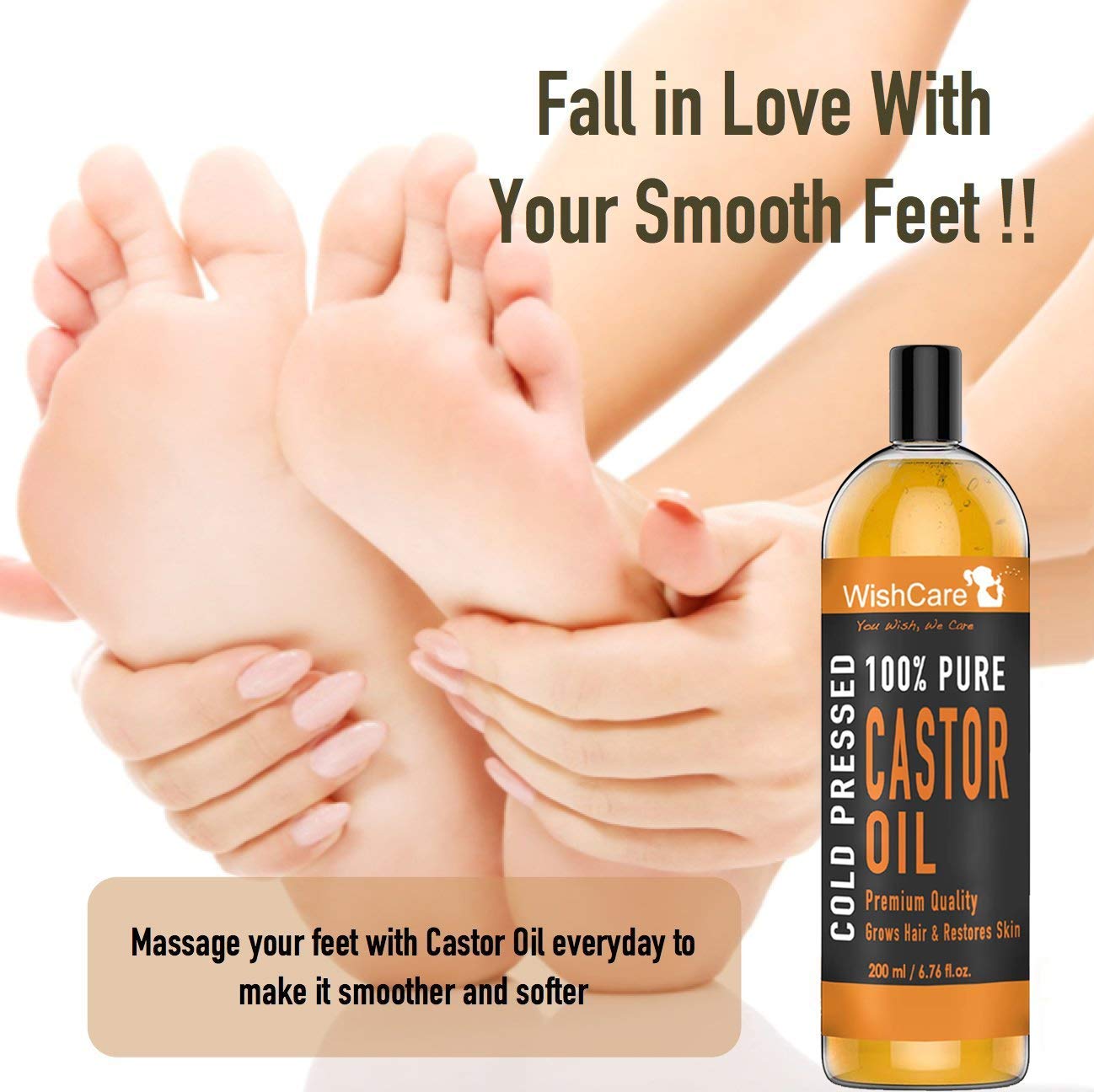 Bottle of WishCare Castor Oil with a person massaging their feet, text promoting smooth feet.