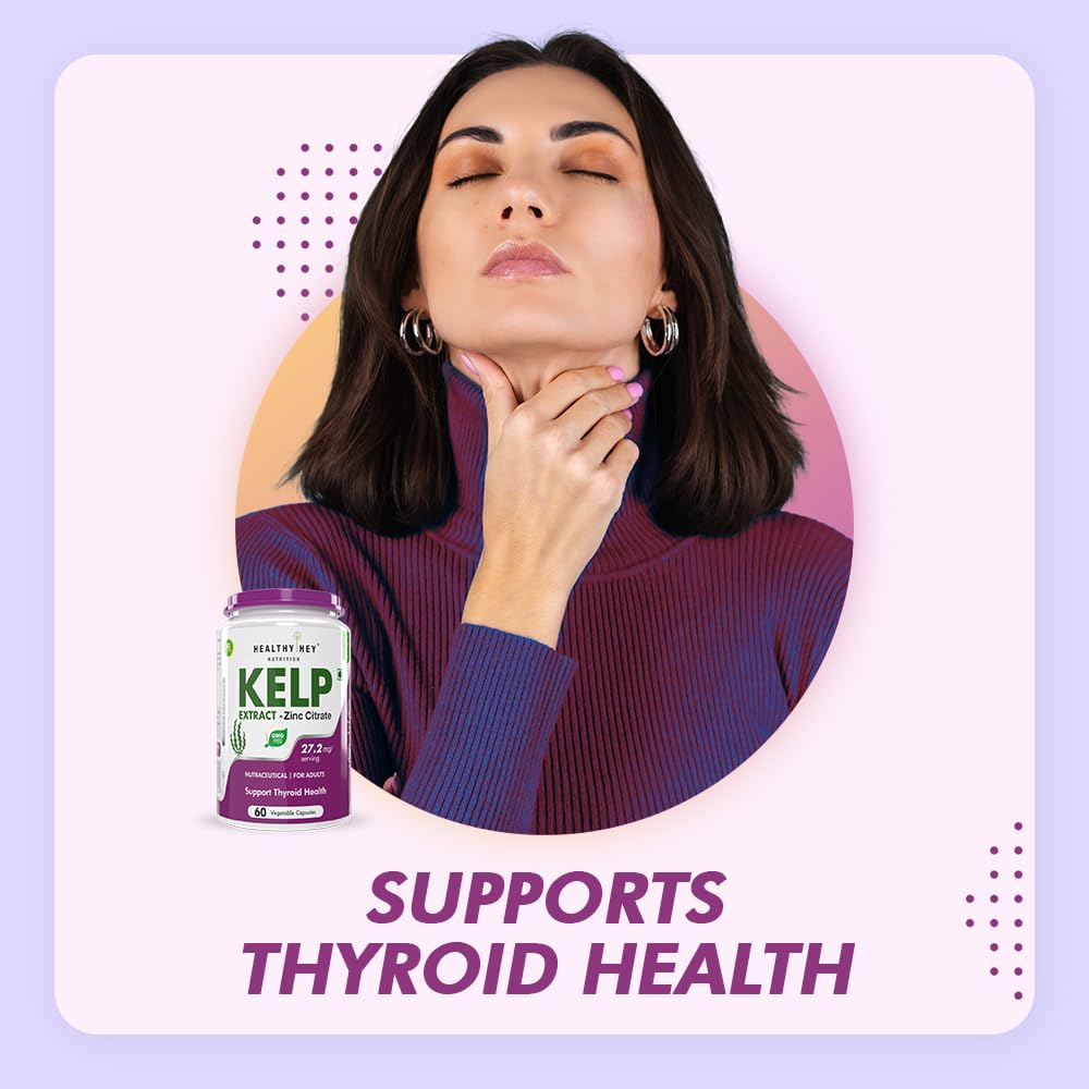 Woman with a bottle of Kelp supplement on a light purple background