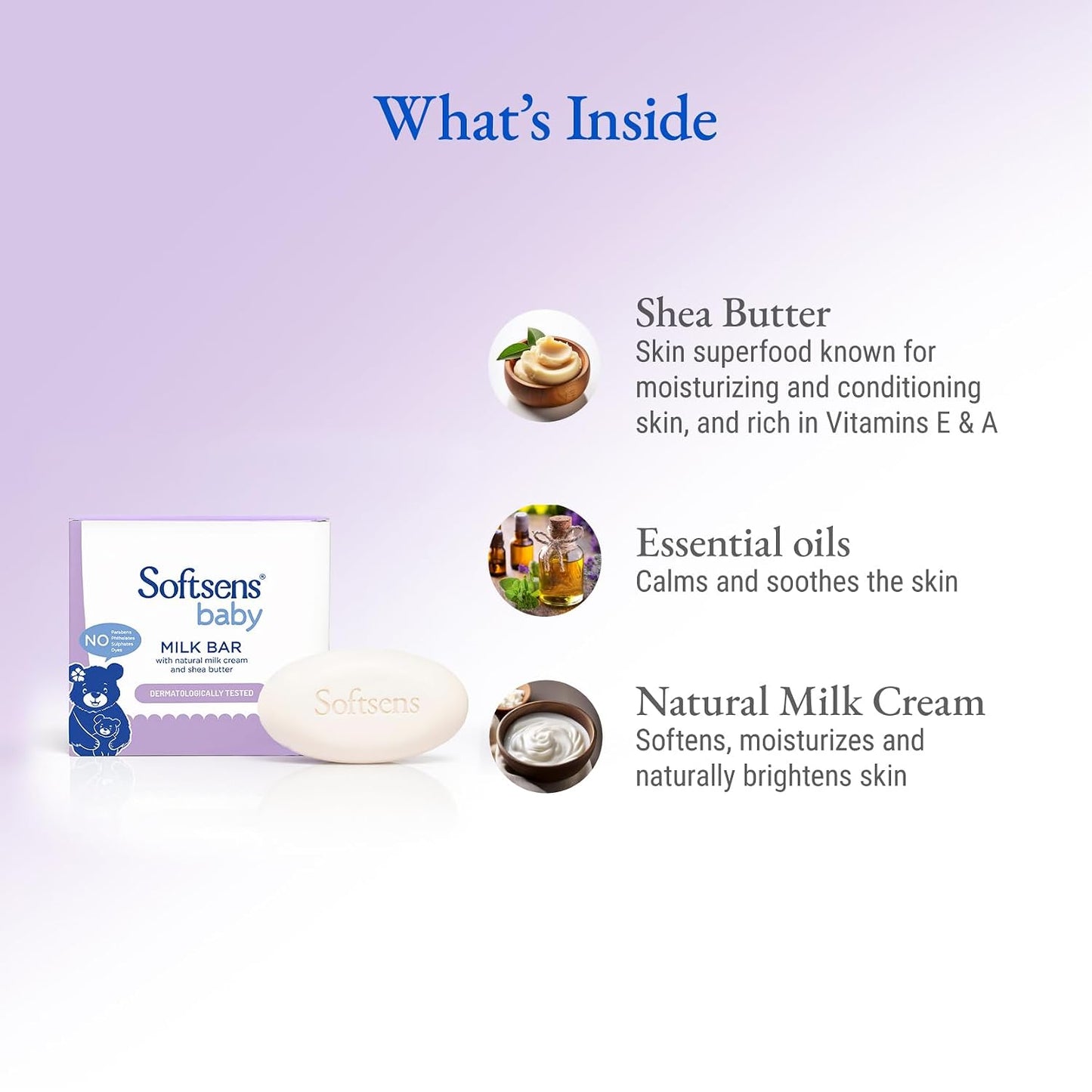 Softsens Baby Milk Bar Soap 100g each x 3 (300g) | Gentle Cleansing & Moisturizing | With Natural Milk Cream & Shea Butter | Dermatologically Tested, Hypoallergenic & Free from Parabens, SLS & SLES